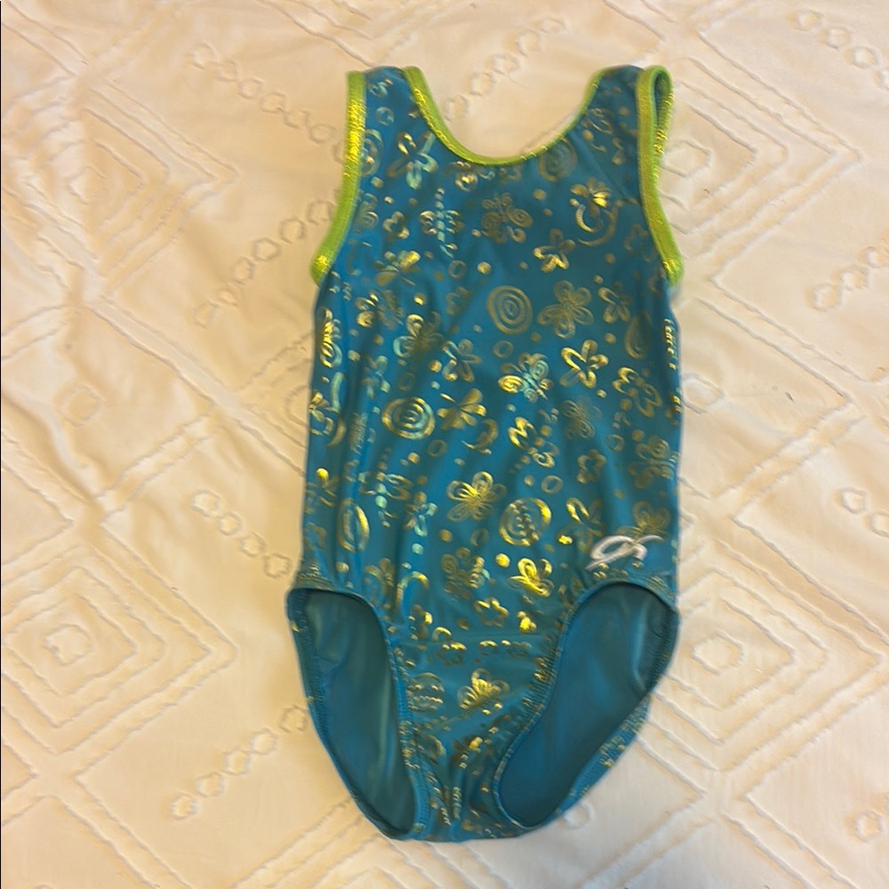 Teal and Gold Patterned Gymnastics Leotard